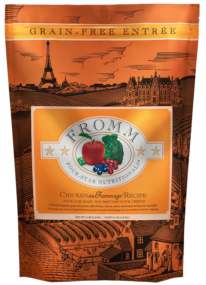 Fromm Dry Dog Food Chicken au Frommage Recipe A French-inspired entrée with chicken, cheese, and an assortment of fruits & vegetables