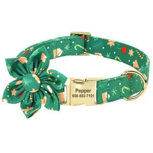 Furry and Festive: Personalized Christmas Print Flower ID Collars
