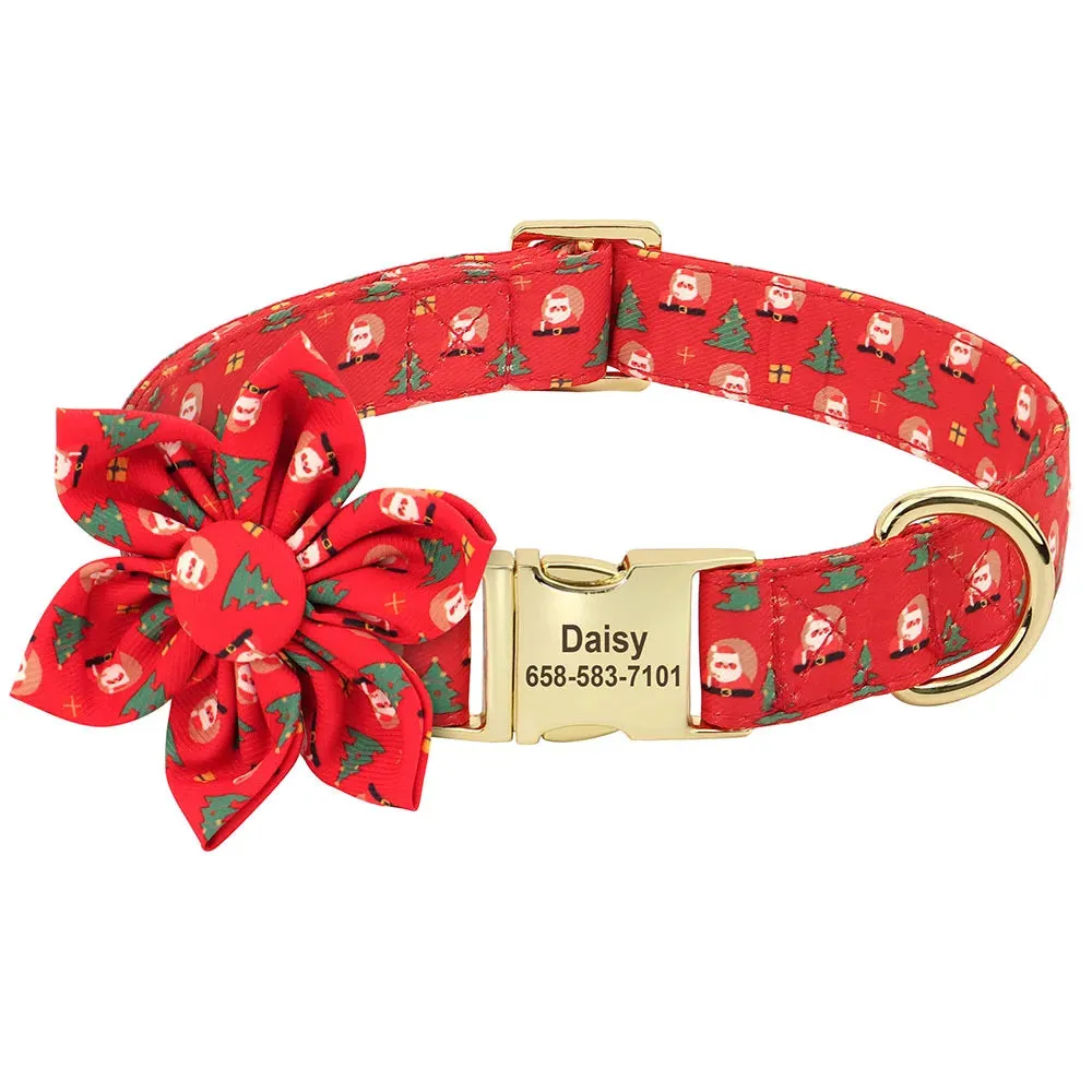 Furry and Festive: Personalized Christmas Print Flower ID Collars