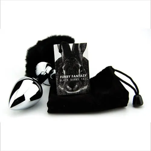 Furry Fantasy Black Bunny Tail Butt Plug - Faux Fur and Metal Butt Plug