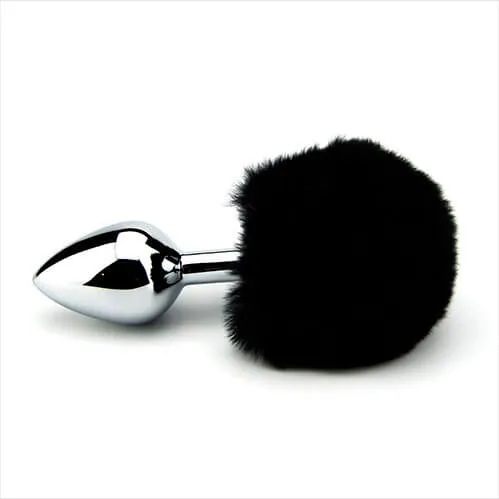Furry Fantasy Black Bunny Tail Butt Plug - Faux Fur and Metal Butt Plug