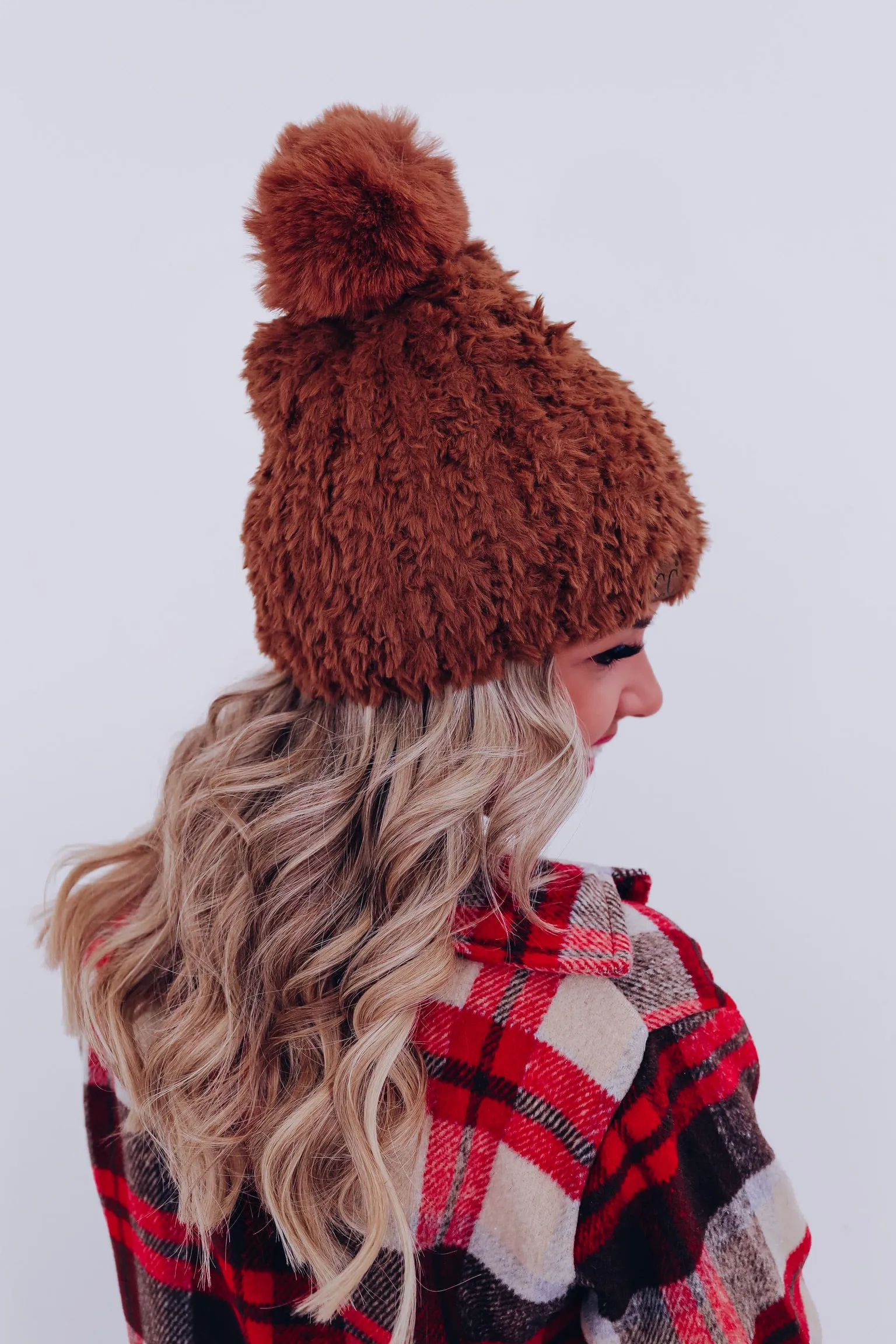 Furry Fun Pom Beanie - Brown