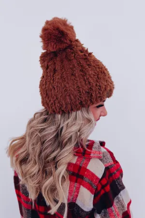 Furry Fun Pom Beanie - Brown
