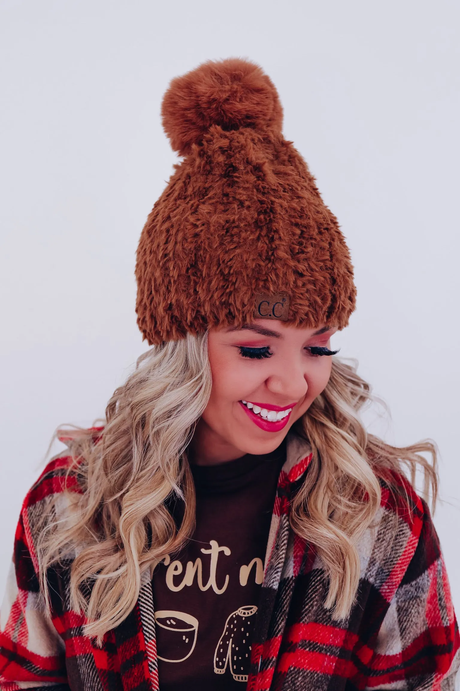 Furry Fun Pom Beanie - Brown
