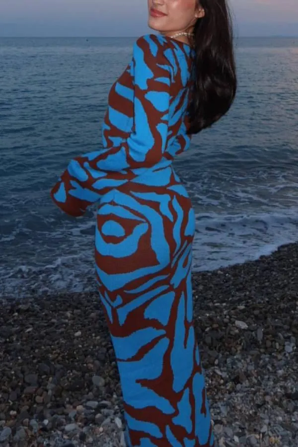 Graphic Print Fitted Knit Maxi Dress