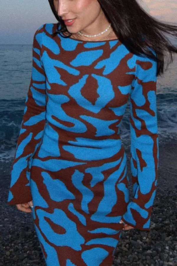 Graphic Print Fitted Knit Maxi Dress
