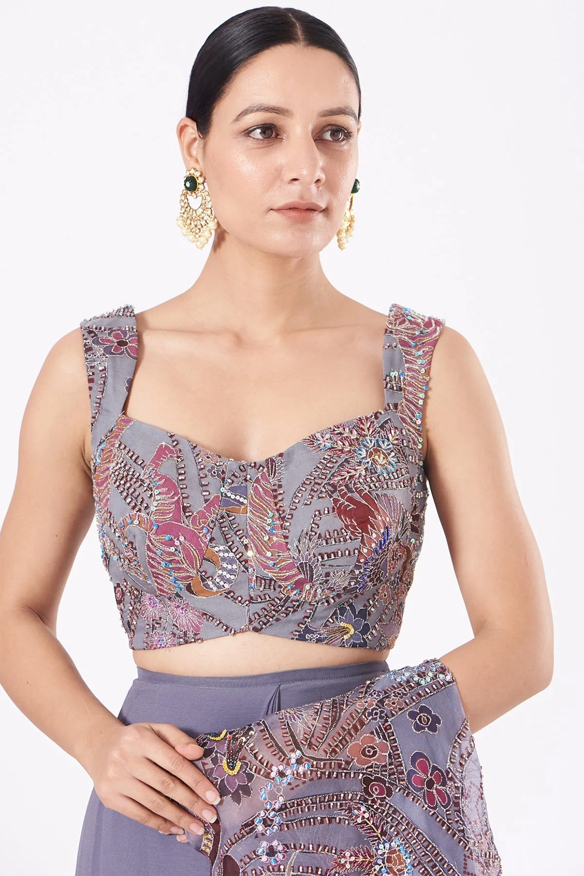 Grey Paper Dolls Organza Printed And Embellished Ruffle Saree And Blouse