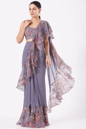 Grey Paper Dolls Organza Printed And Embellished Ruffle Saree And Blouse