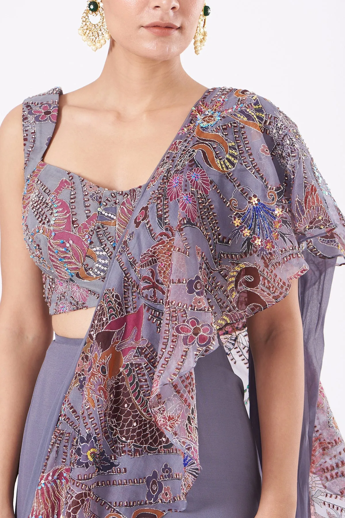 Grey Paper Dolls Organza Printed And Embellished Ruffle Saree And Blouse