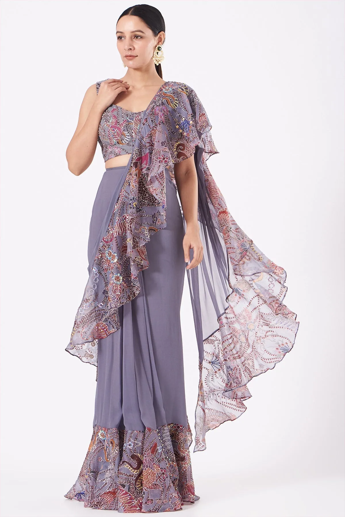 Grey Paper Dolls Organza Printed And Embellished Ruffle Saree And Blouse