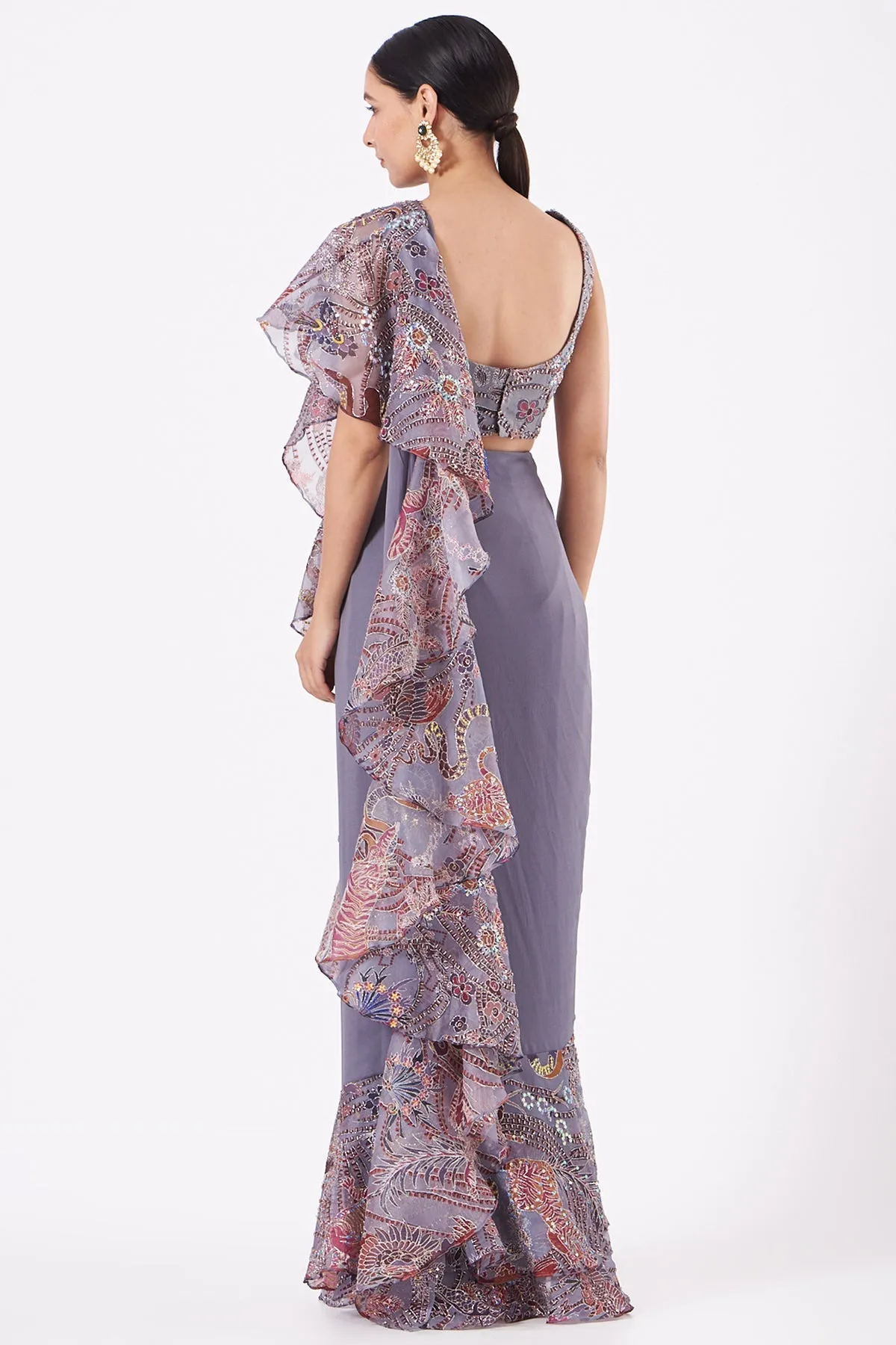 Grey Paper Dolls Organza Printed And Embellished Ruffle Saree And Blouse