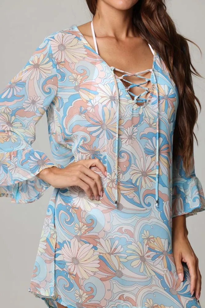 Groovy Ruffle Sleeve Lace-Up Dress