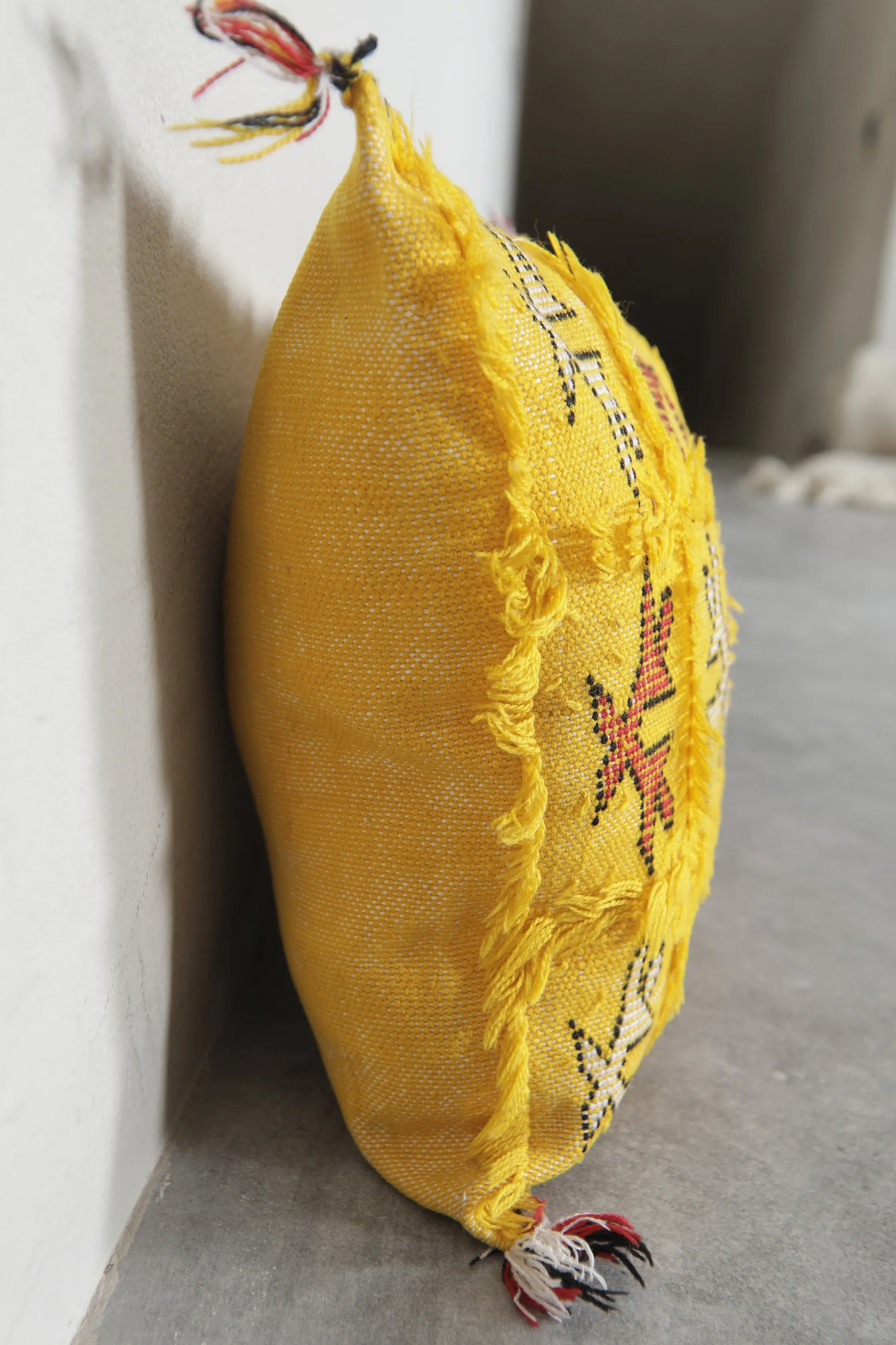 Handmade Moroccan Yellow Pillow - 13.3 x 16.9 Inches