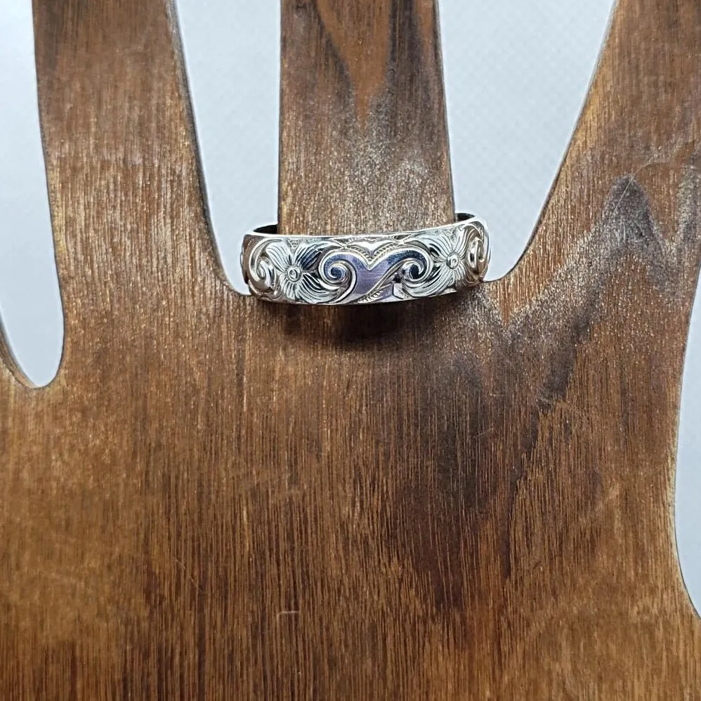 Handmade Sterling Silver 925 Thumb Ring | Flower & Wave Pattern Boho Jewelry
