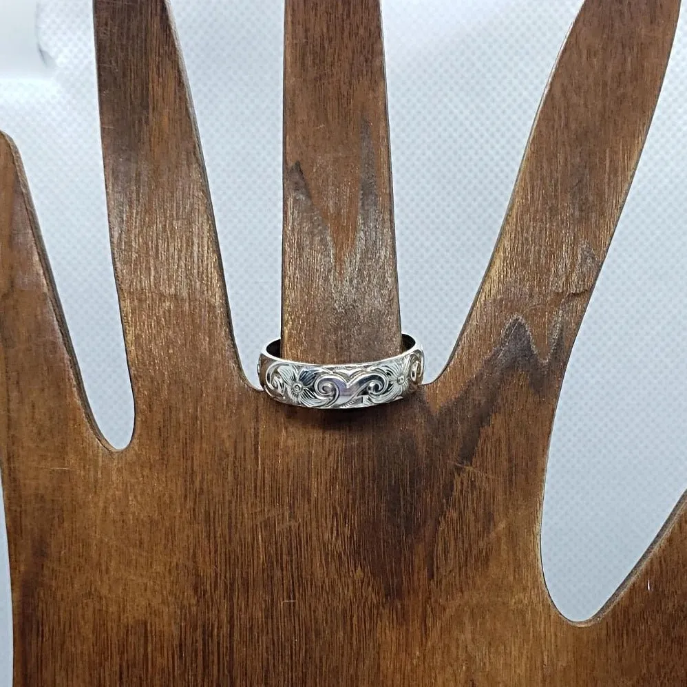 Handmade Sterling Silver 925 Thumb Ring | Flower & Wave Pattern Boho Jewelry