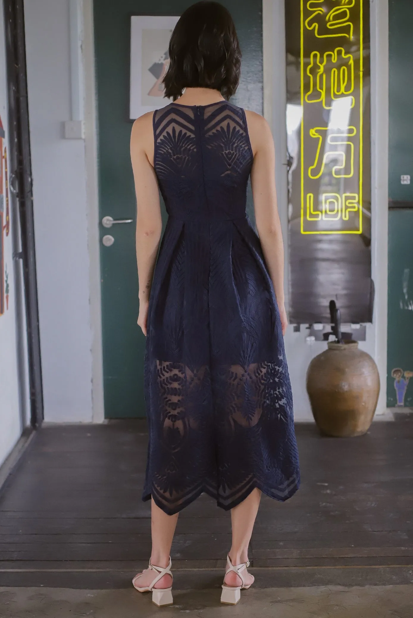 Harleigh Embro Mesh Dress In Navy Blue