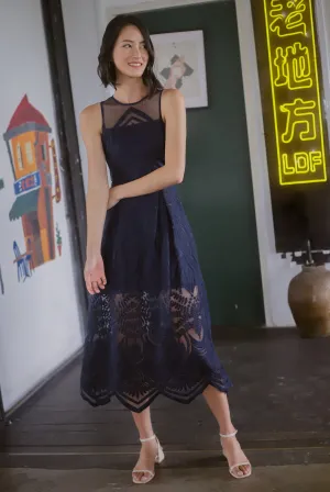 Harleigh Embro Mesh Dress In Navy Blue