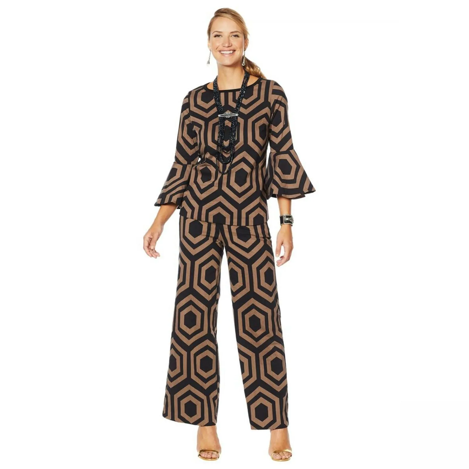 Heidi Daus Women's Plus Size Simply Sensational Graphic Jacquard Bell Sleeve Top