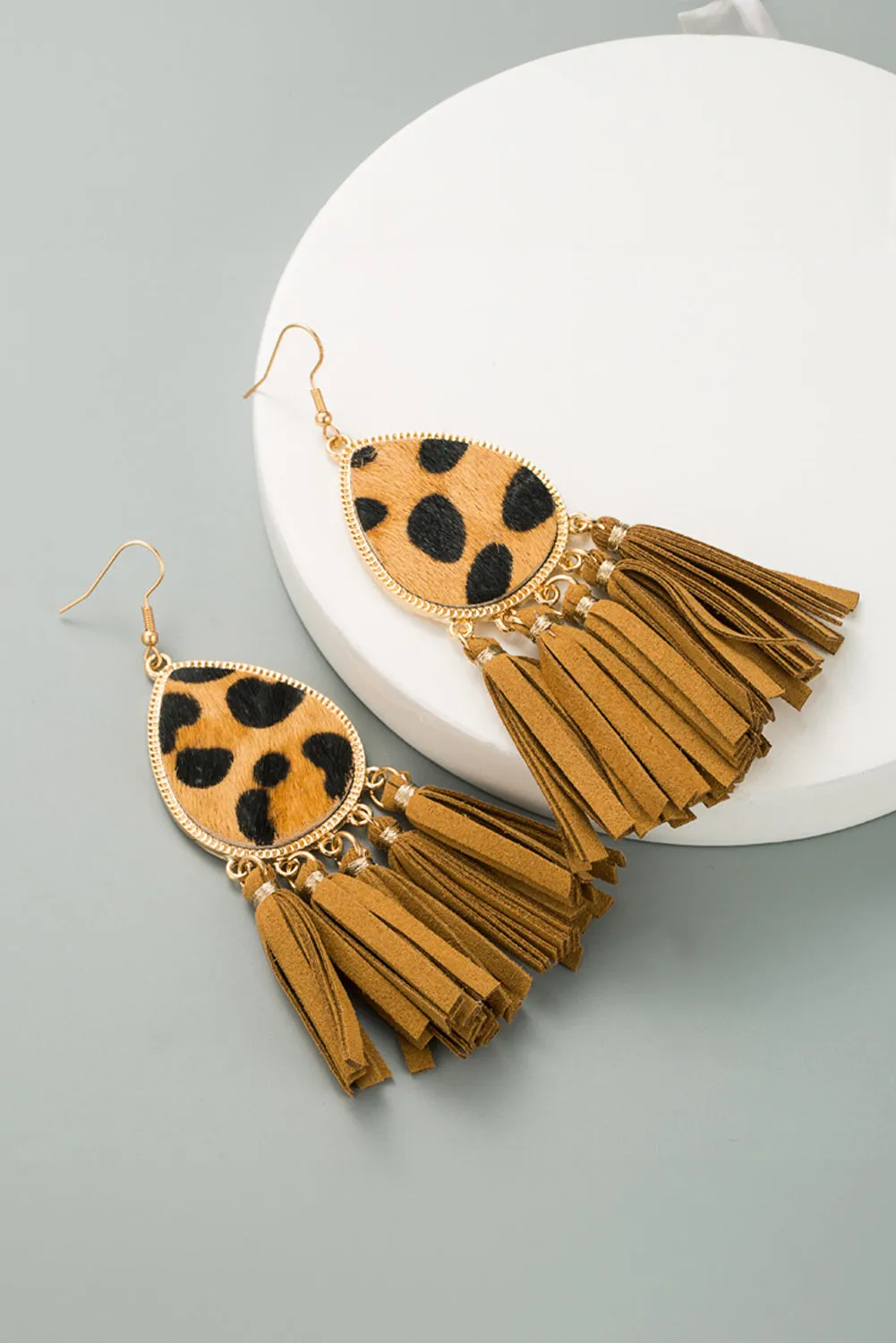 honey gold Boho Leopard Print Tasseled Hook Earrings