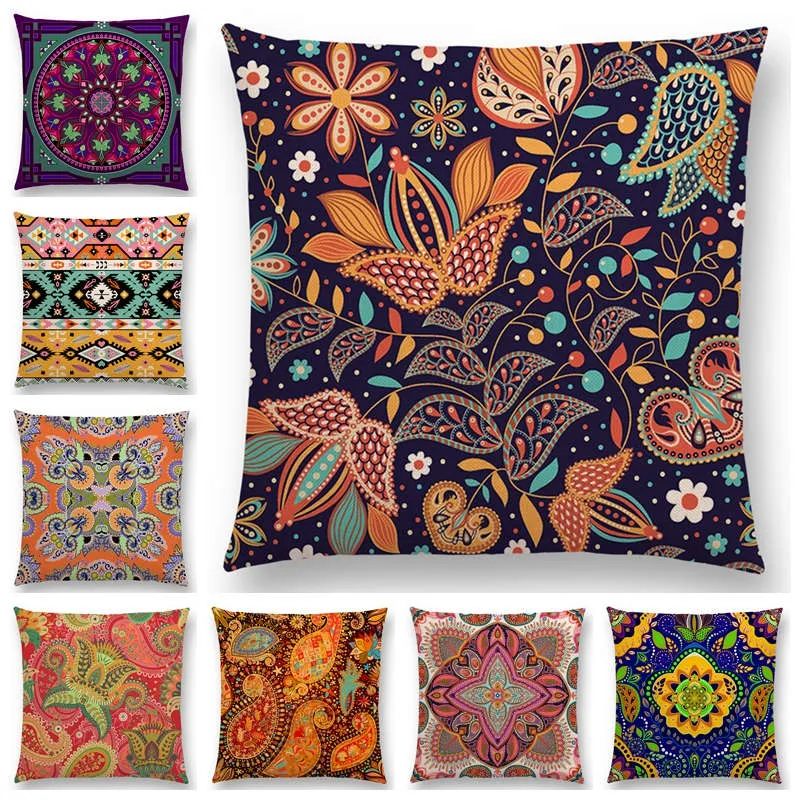 Hot Sale Boho Paisley Oriental Floral Pattern Navajo Geometric Prints Fantasy Petal Flowers Cushion Cover Sofa Throw Pillow Case