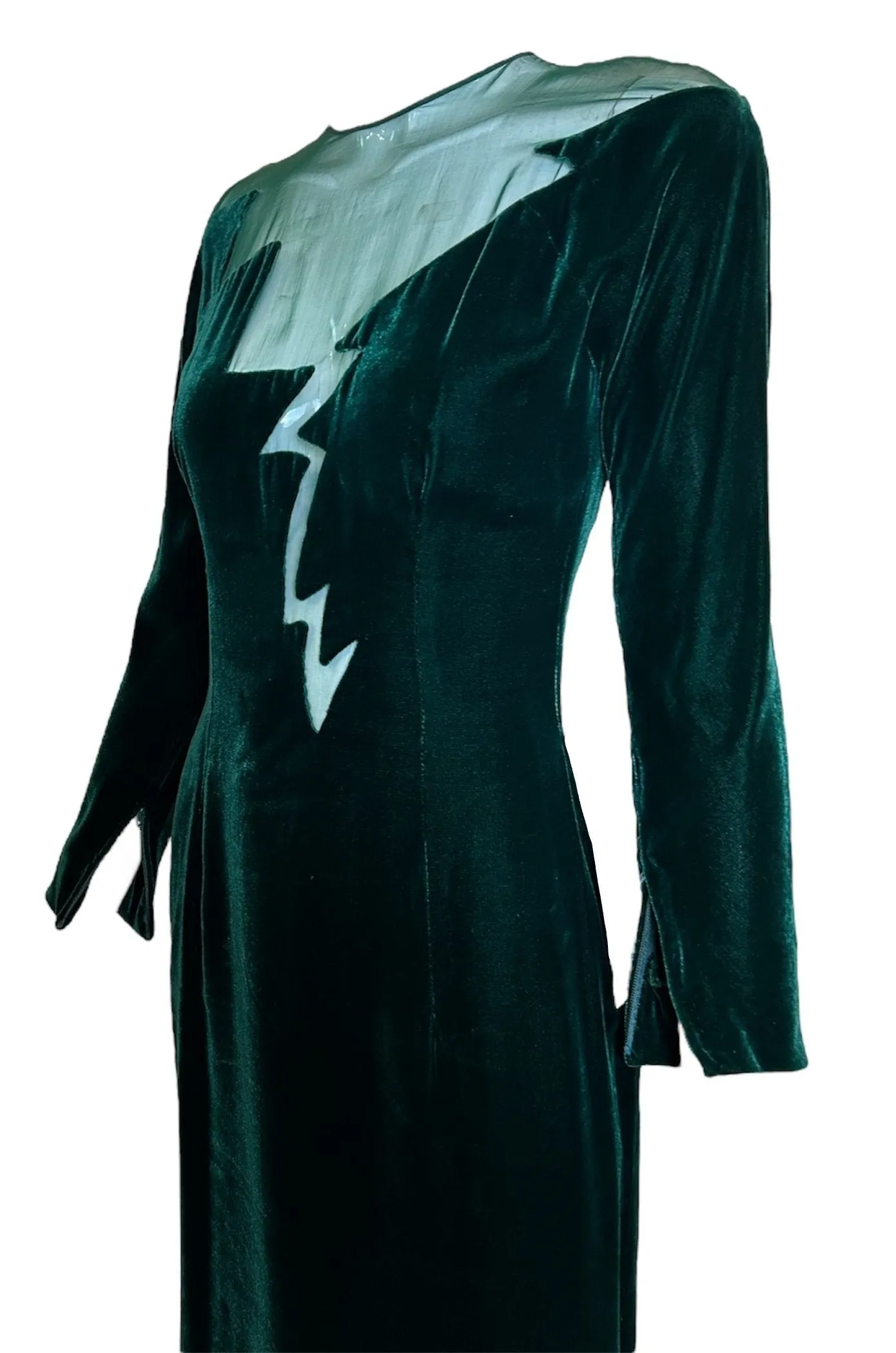 John Anthony Late 70s Emerald Velvet Cut-Out Lightning Dress