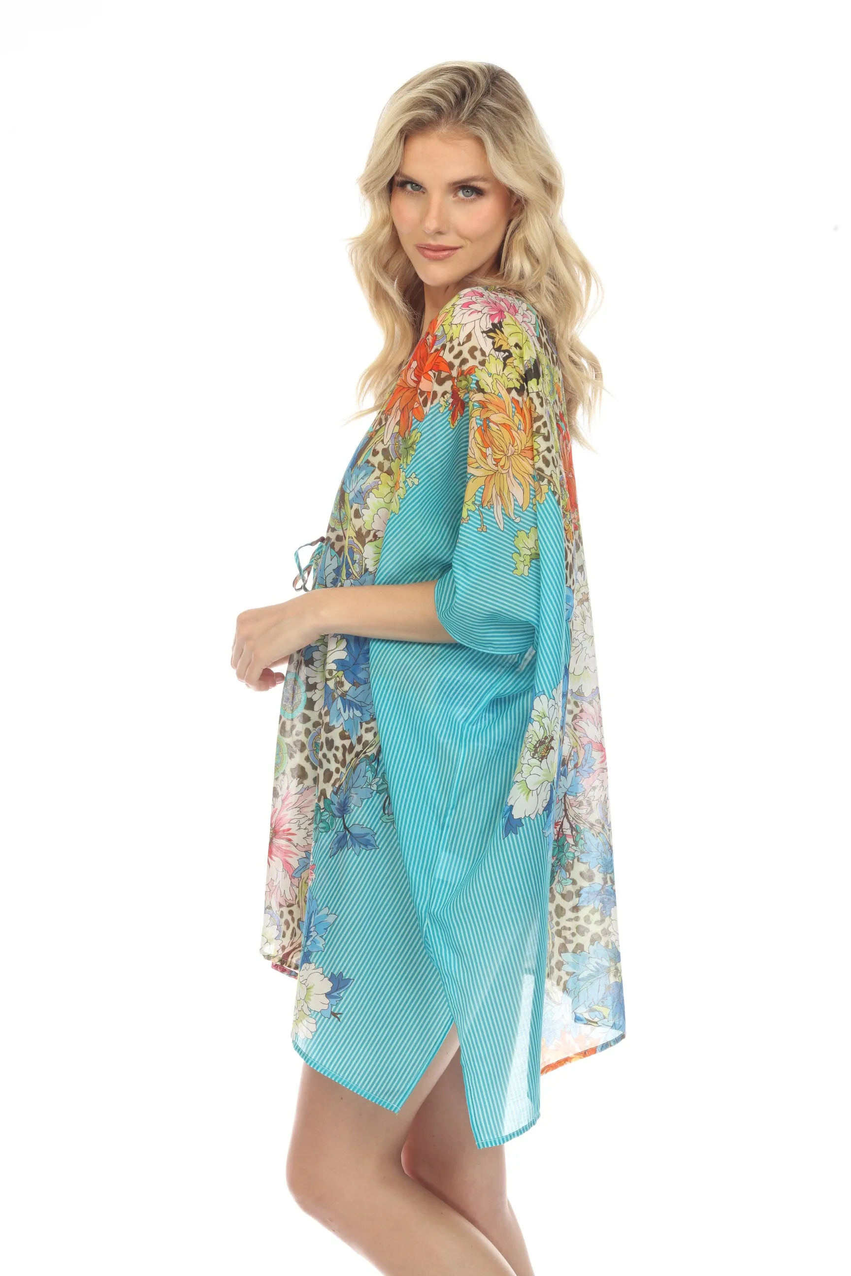 Johnny Was Blue Leopard Floral Short Swim Cover-Up Kimono Boho Chic CSW3822AH NEW