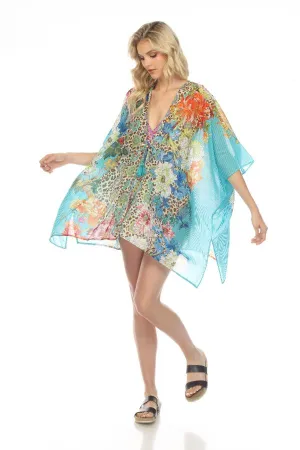 Johnny Was Blue Leopard Floral Short Swim Cover-Up Kimono Boho Chic CSW3822AH NEW