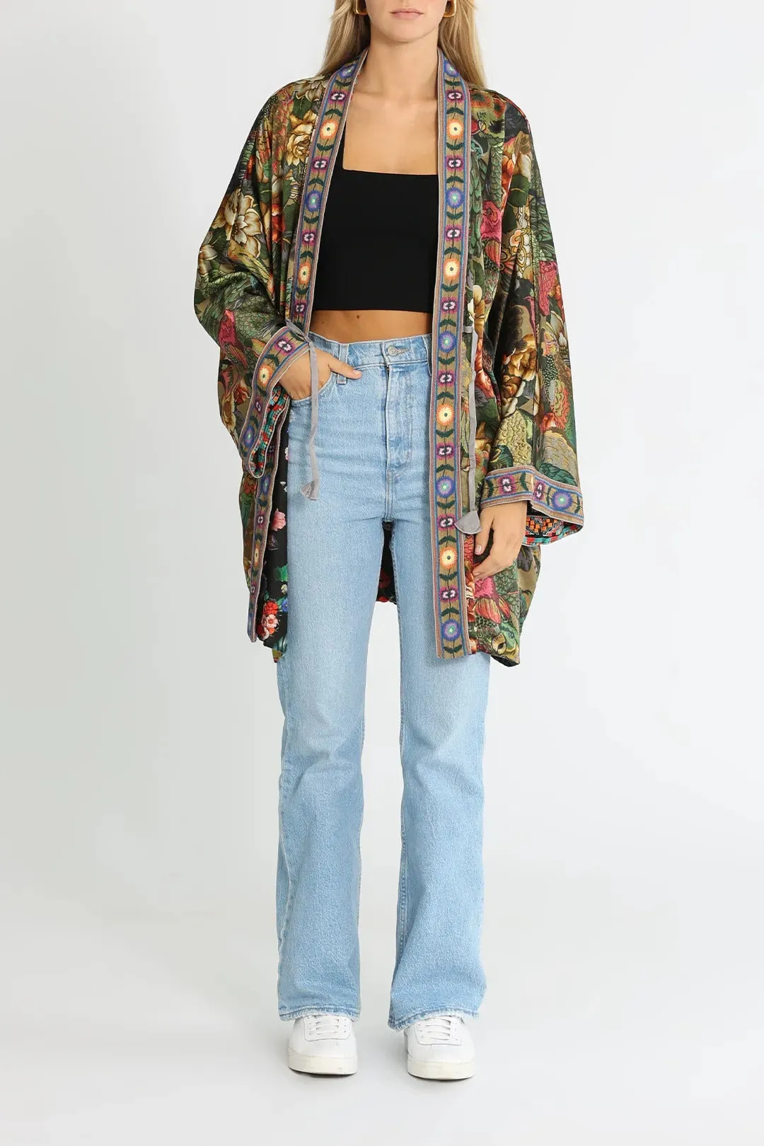 Johnny Was Parrot Talullah Jacket Reversible BLACK KIMONO SILK New