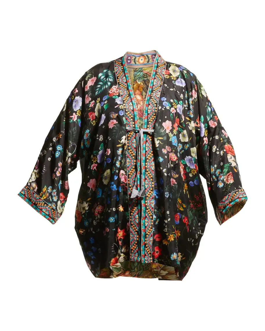 Johnny Was Parrot Talullah Jacket Reversible BLACK KIMONO SILK New
