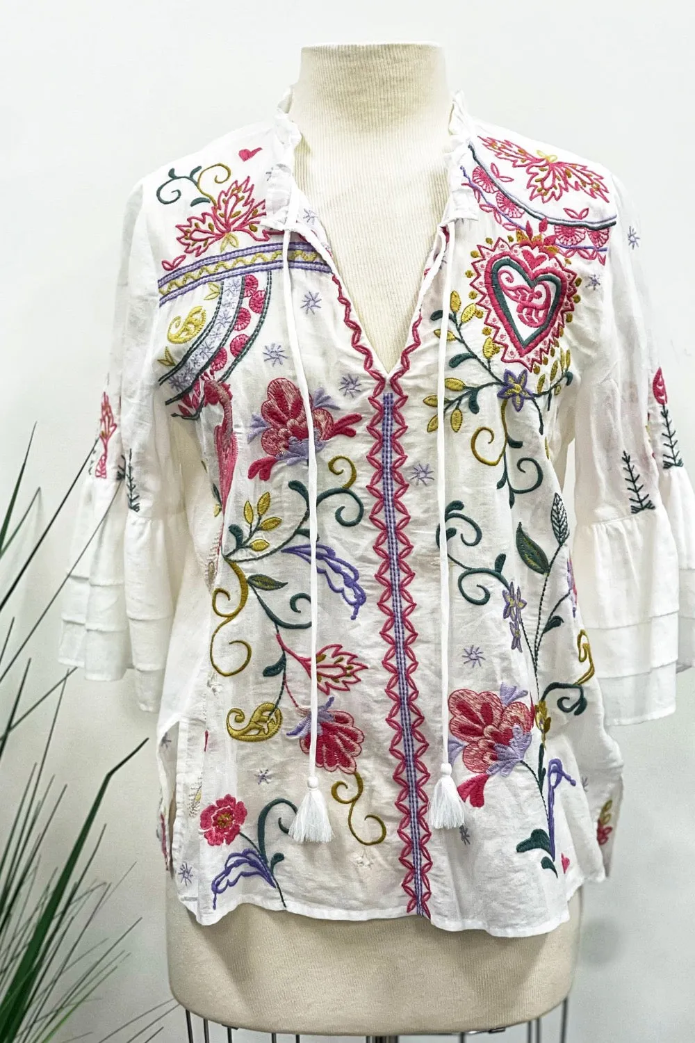 Johnny Was Workshop Ashlee Embroidered Ruffle Sleeve Blouse Boho Chic W11523