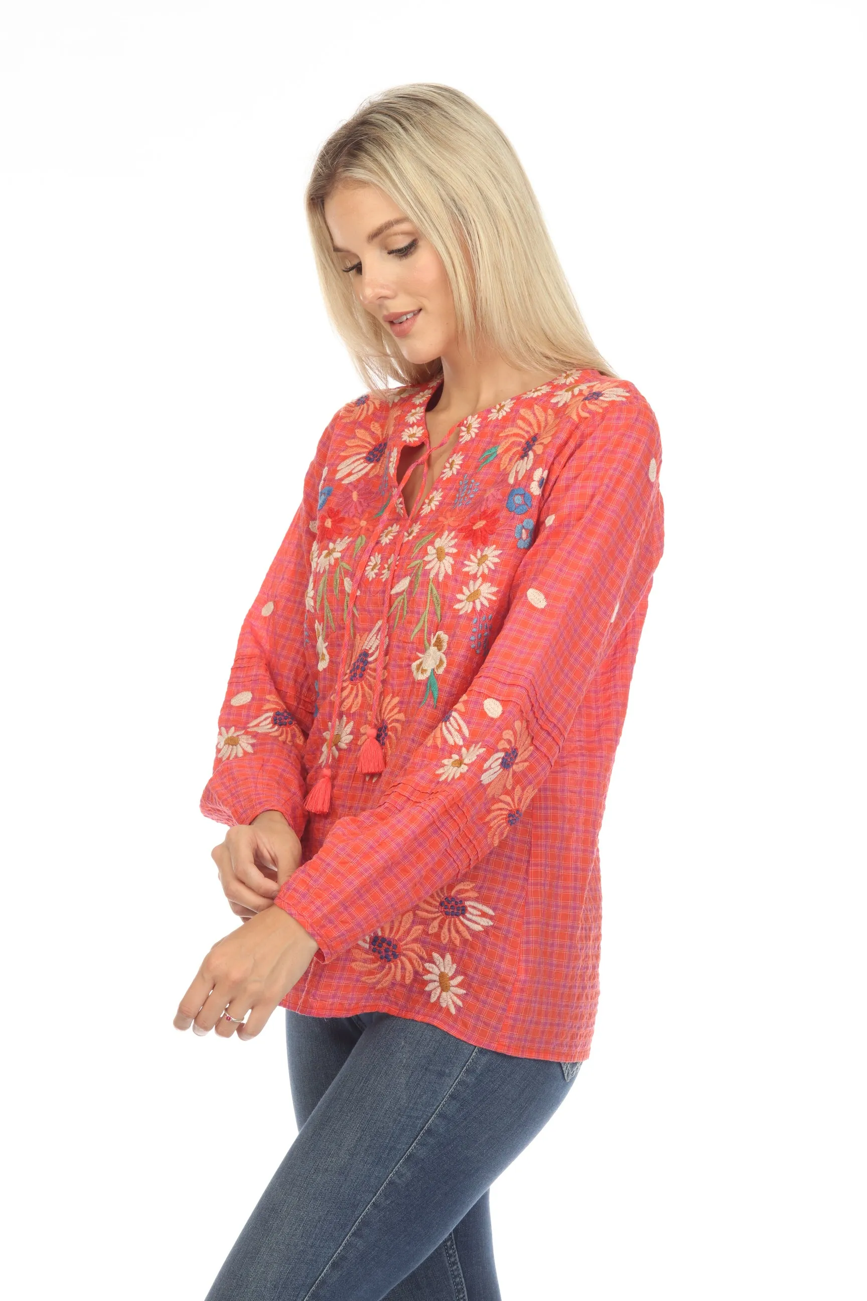 Johnny Was Workshop Marissa Pintuck Long Sleeve Blouse Boho Chic W12023