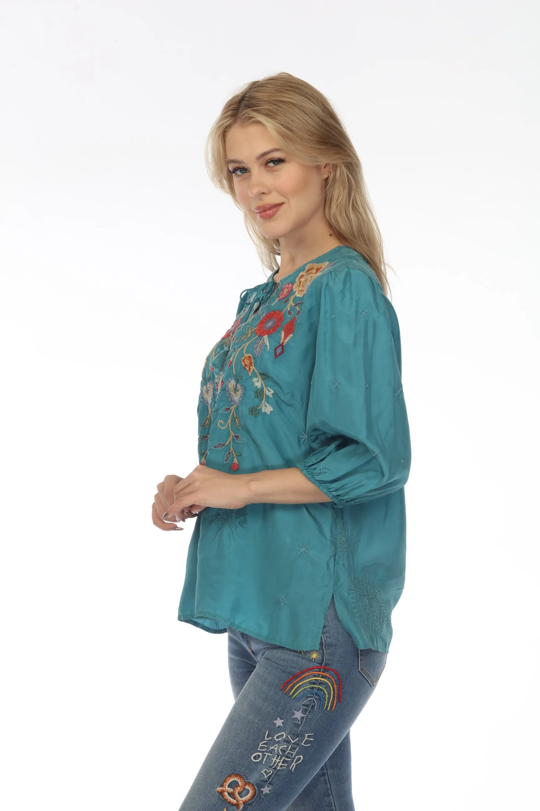 Johnny Was Workshop Taryn Flowy Tassel Silk Blouse Boho Chic W14022