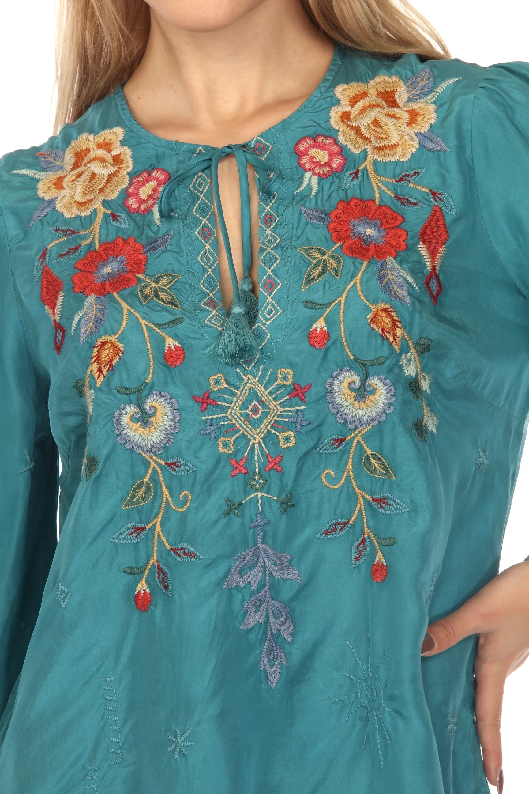 Johnny Was Workshop Taryn Flowy Tassel Silk Blouse Boho Chic W14022
