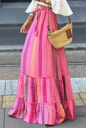 KaleaBoutique Boho Printed Tasseled Drawstring Ruffled Maxi Skirt