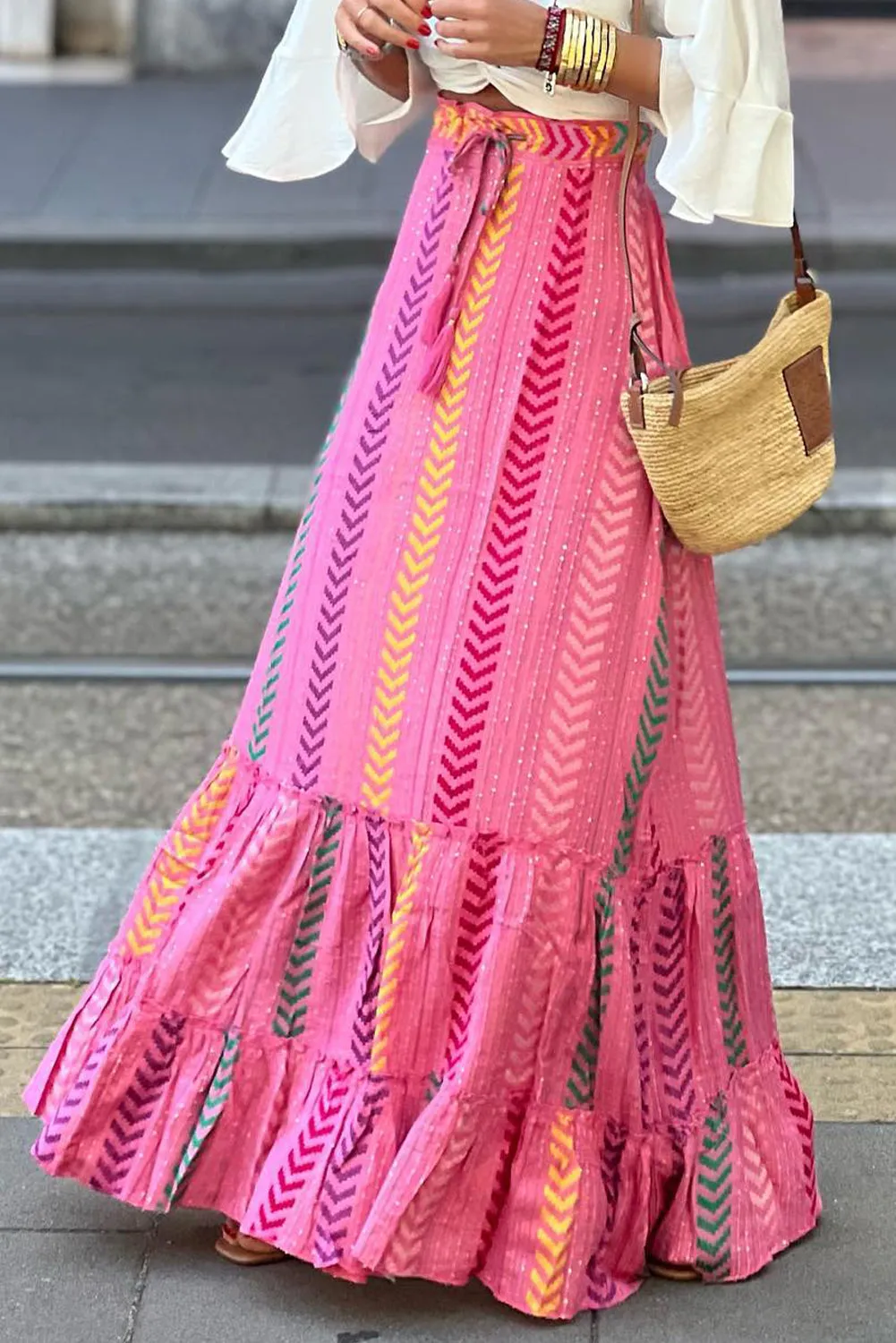 KaleaBoutique Boho Printed Tasseled Drawstring Ruffled Maxi Skirt