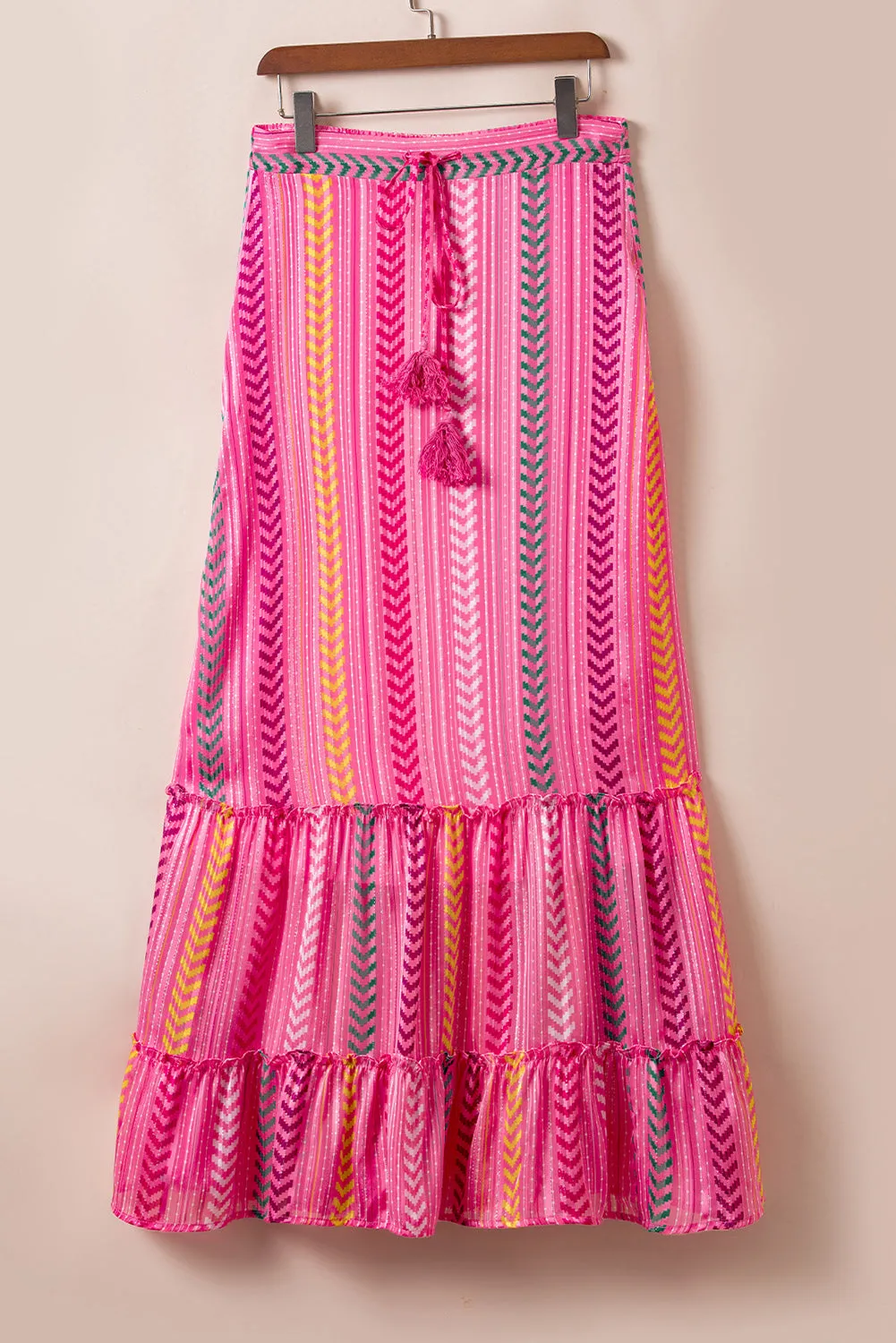 KaleaBoutique Boho Printed Tasseled Drawstring Ruffled Maxi Skirt