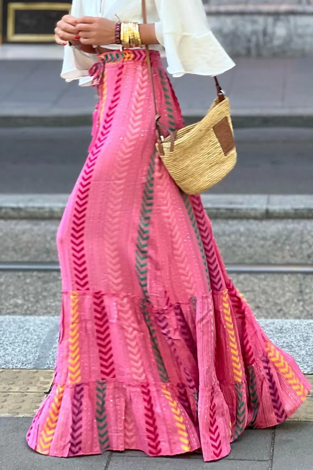 KaleaBoutique Boho Printed Tasseled Drawstring Ruffled Maxi Skirt