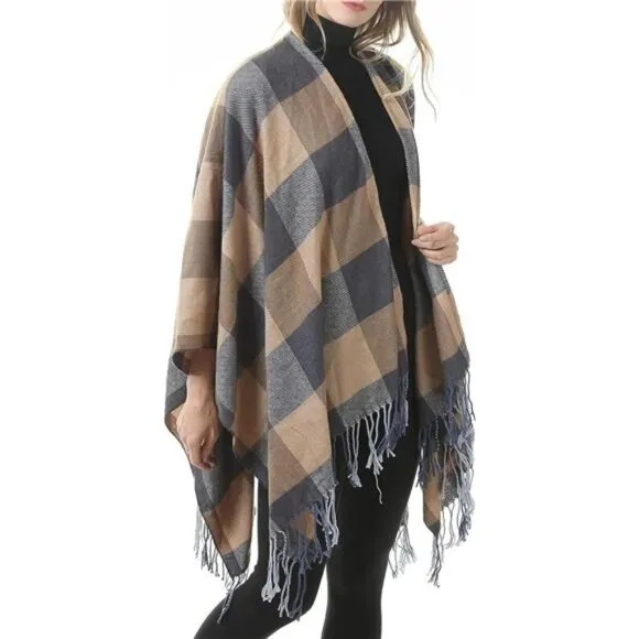 Khaki Plaid Printed Blanket Shawls Poncho Winter Open Front Wrap Cape Cardigan