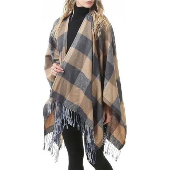 Khaki Plaid Printed Blanket Shawls Poncho Winter Open Front Wrap Cape Cardigan