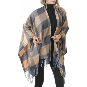 Khaki Plaid Printed Blanket Shawls Poncho Winter Open Front Wrap Cape Cardigan