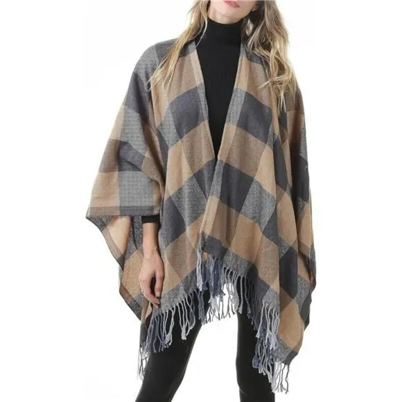 Khaki Plaid Printed Blanket Shawls Poncho Winter Open Front Wrap Cape Cardigan
