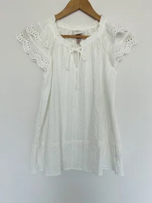 KNOX ROSE White Blouse Sz XS Boho Tassel V-Neck Floral Eyelet White Top