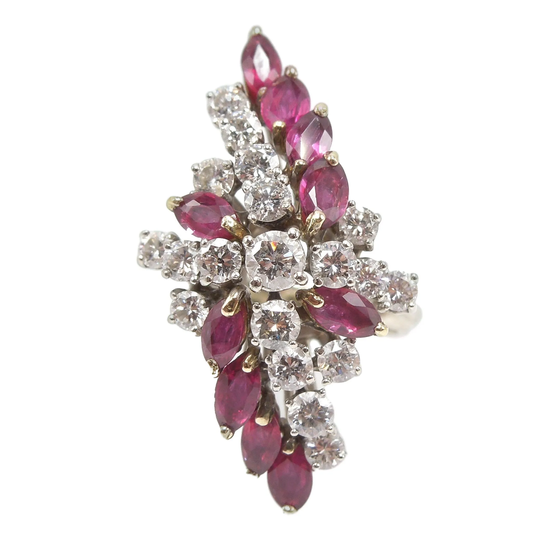 Large Marquise Ruby and Round Diamond Twisted Cluster Ring in White Gold