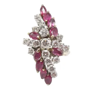 Large Marquise Ruby and Round Diamond Twisted Cluster Ring in White Gold