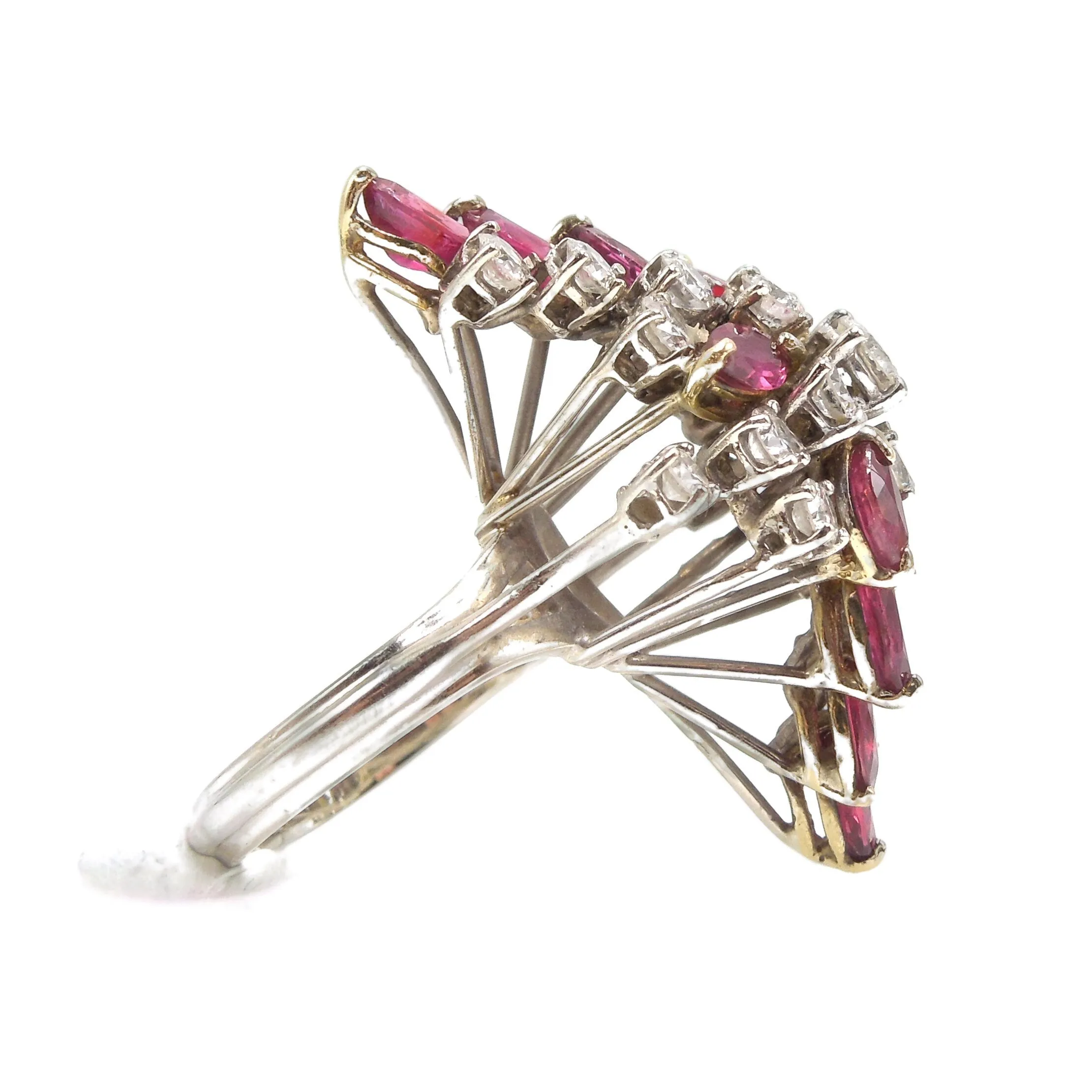 Large Marquise Ruby and Round Diamond Twisted Cluster Ring in White Gold