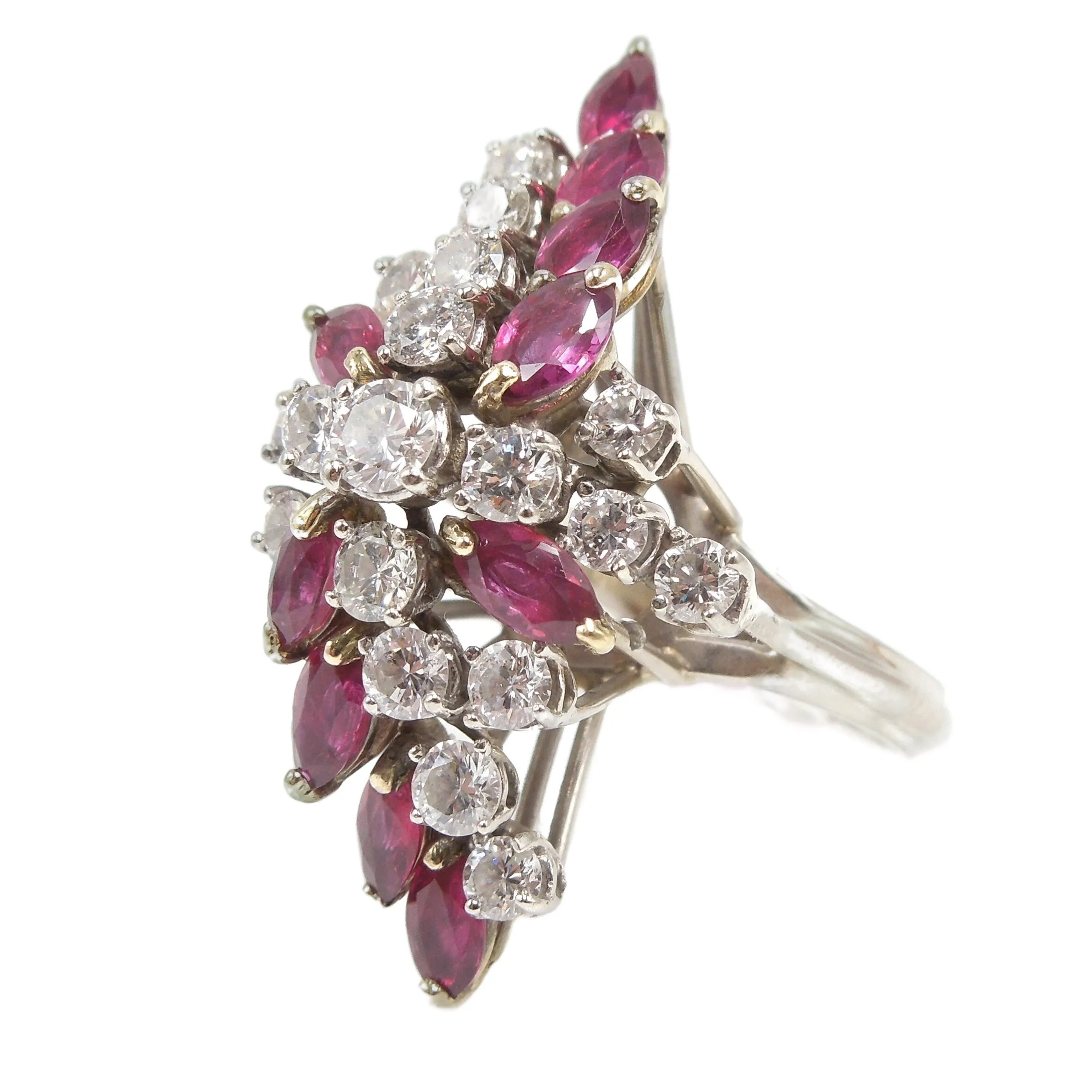 Large Marquise Ruby and Round Diamond Twisted Cluster Ring in White Gold