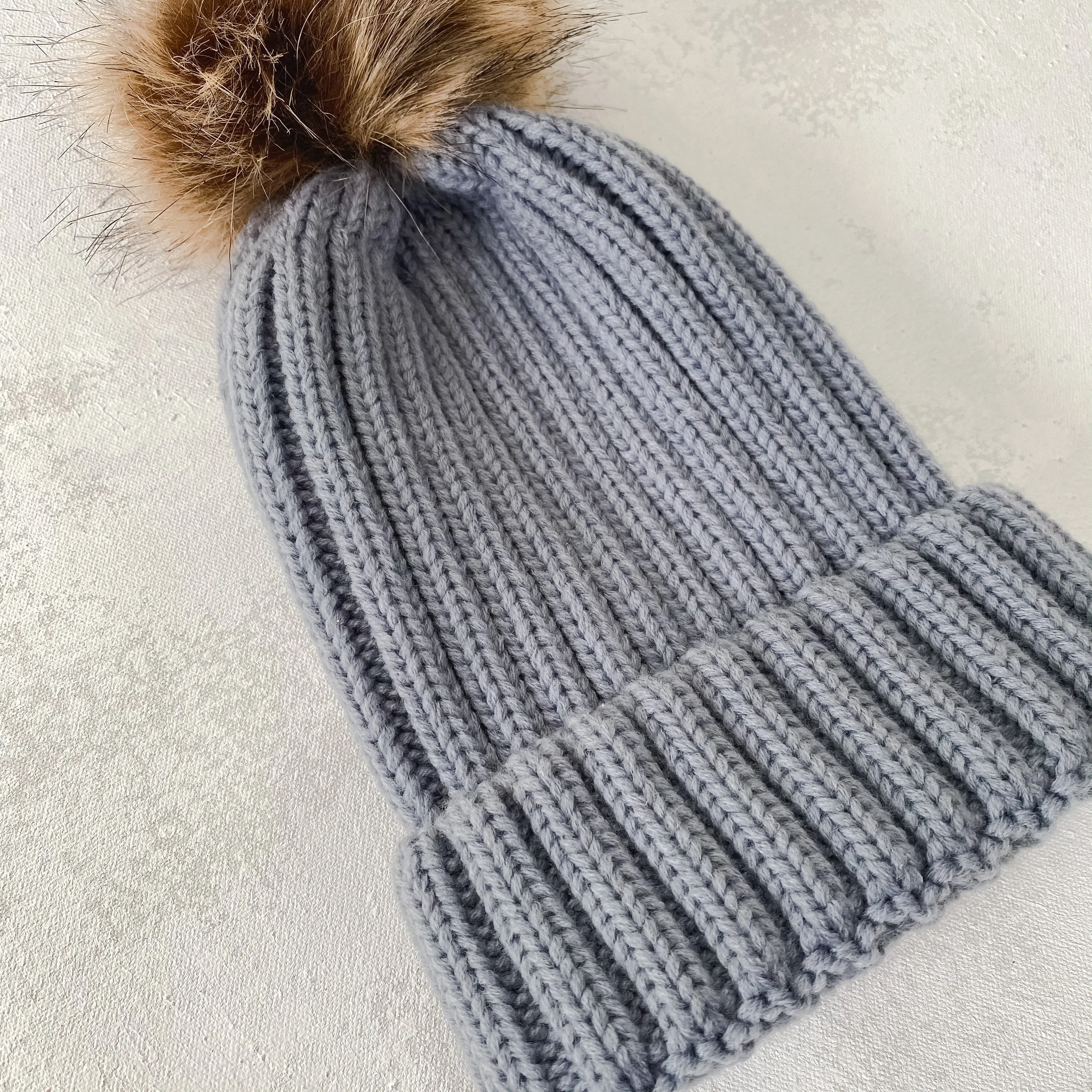 Light Grey Faux Fur Pom Beanie
