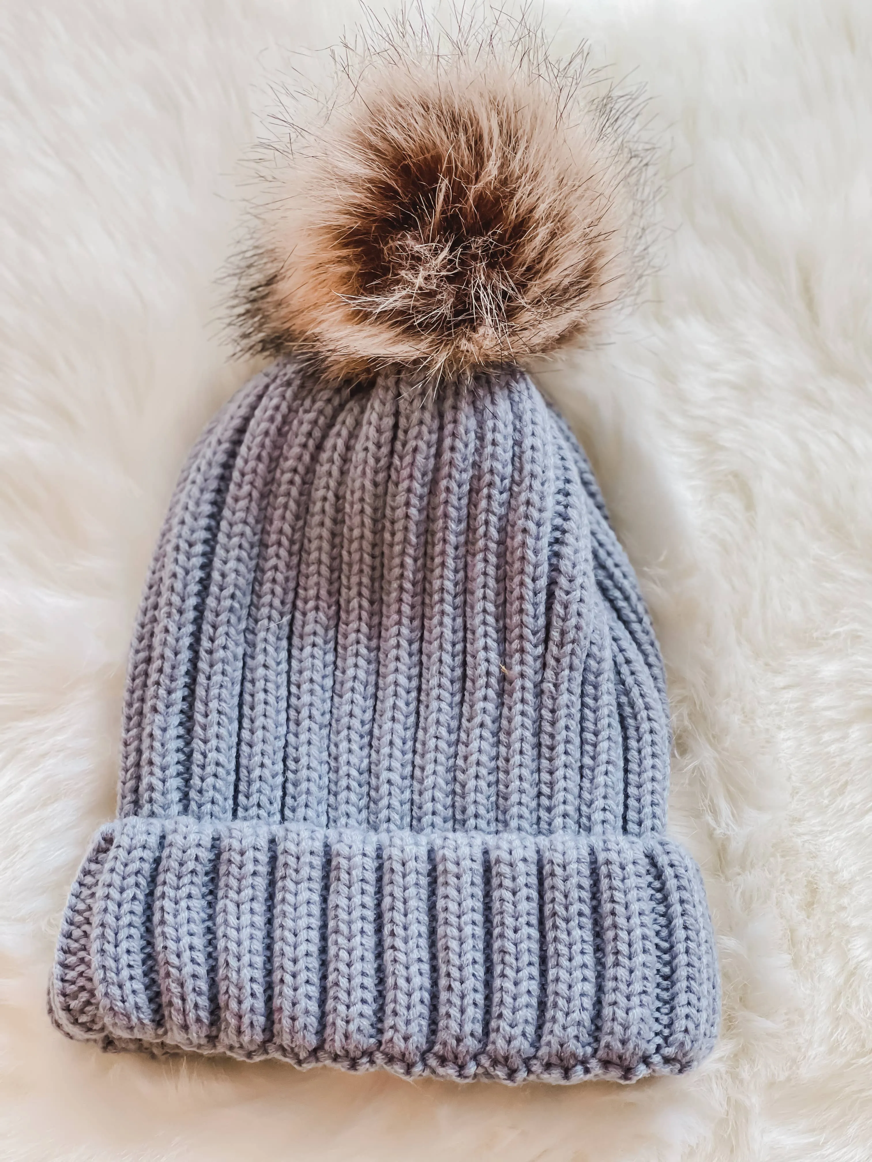 Light Grey Faux Fur Pom Beanie