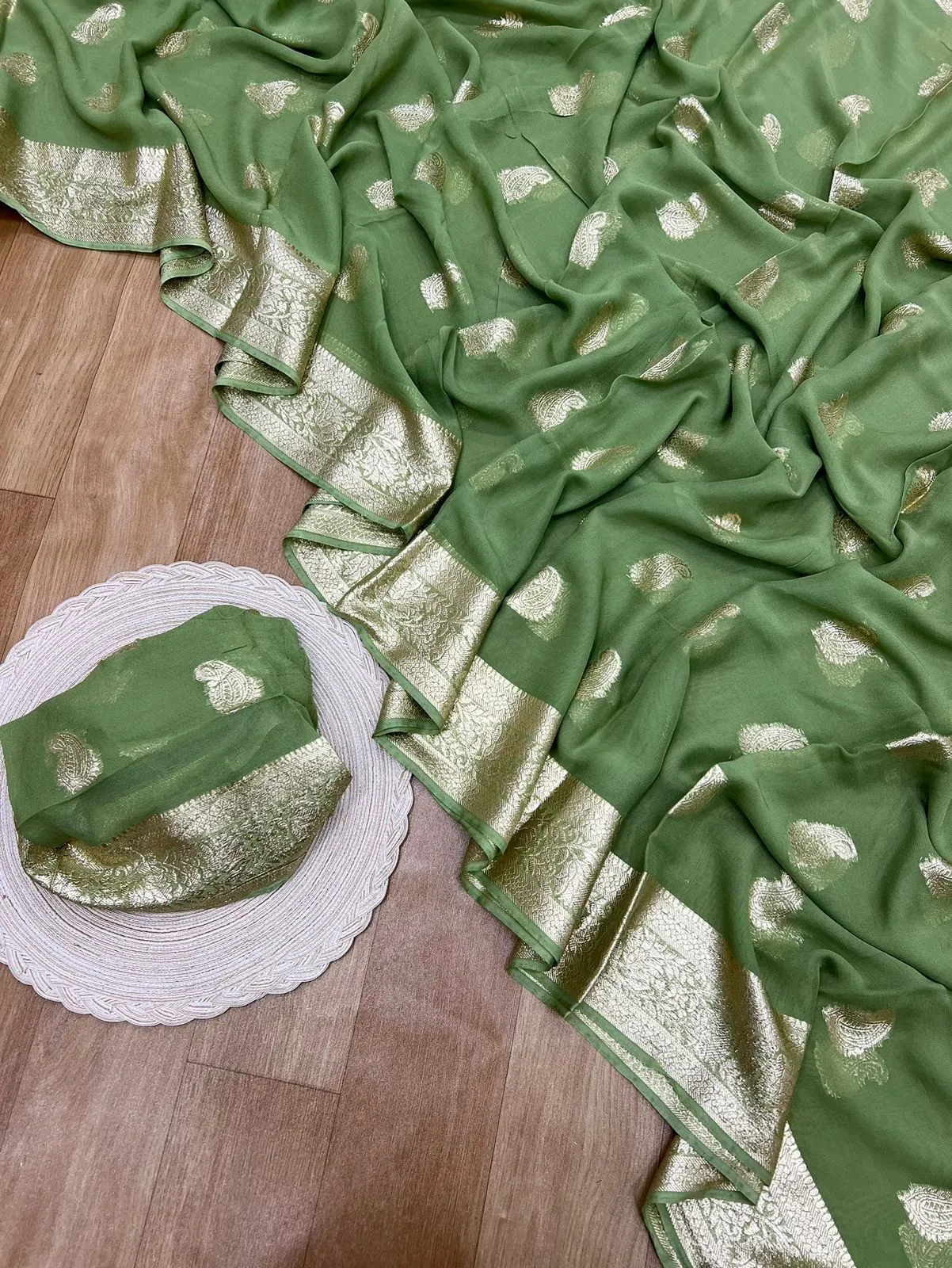 Light olive green Banarasee soft silk georgette Saree