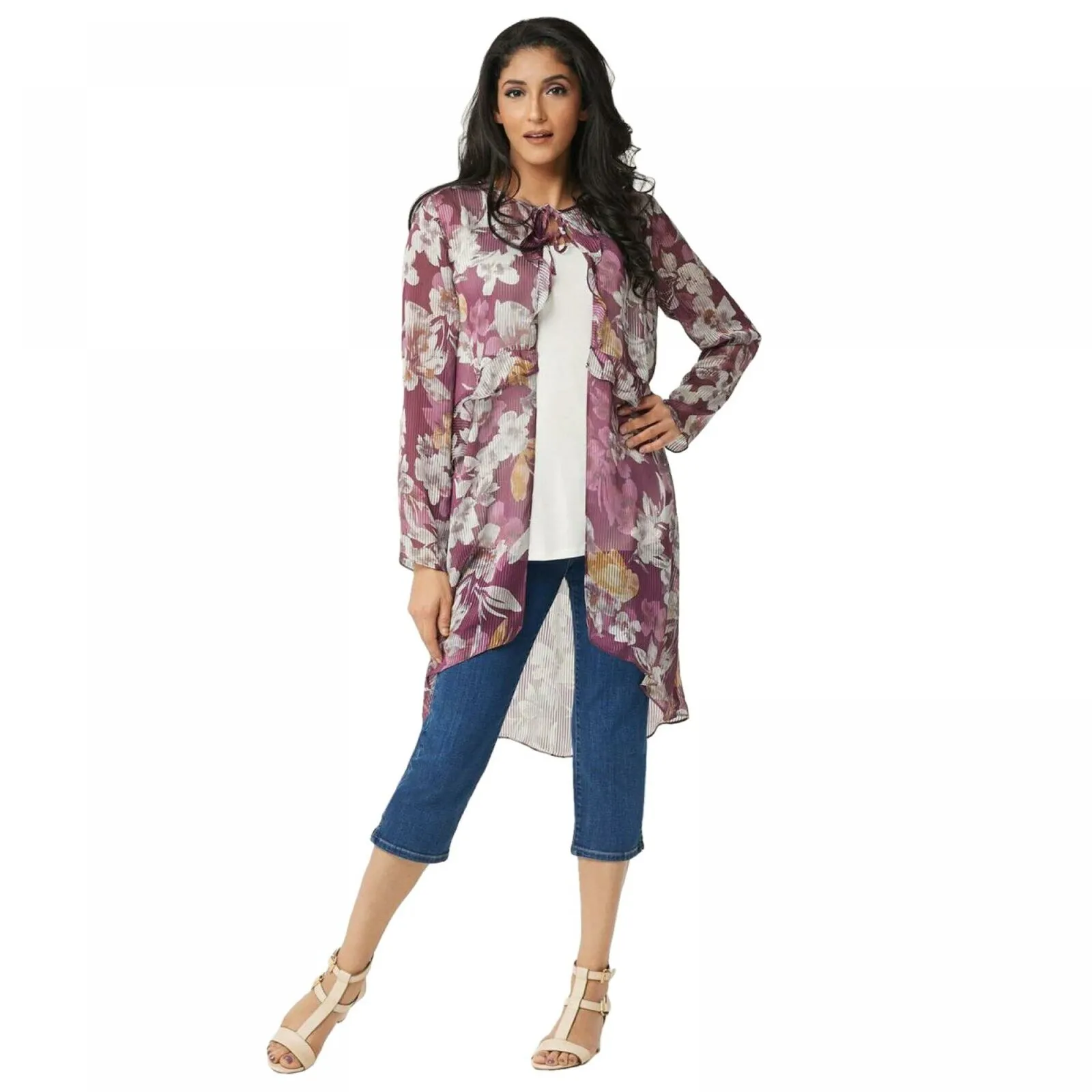 LOGO by Lori Goldstein Women's Printed Chiffon Duster Kimono
